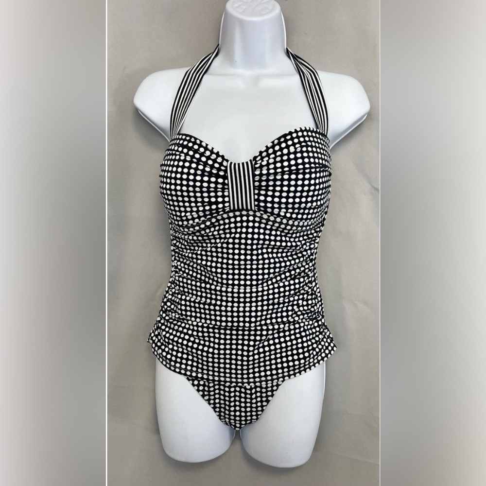 Tommy Bahama dk nvy & wht plka dt one piece halter swimsuit SZ 12 pinup girl